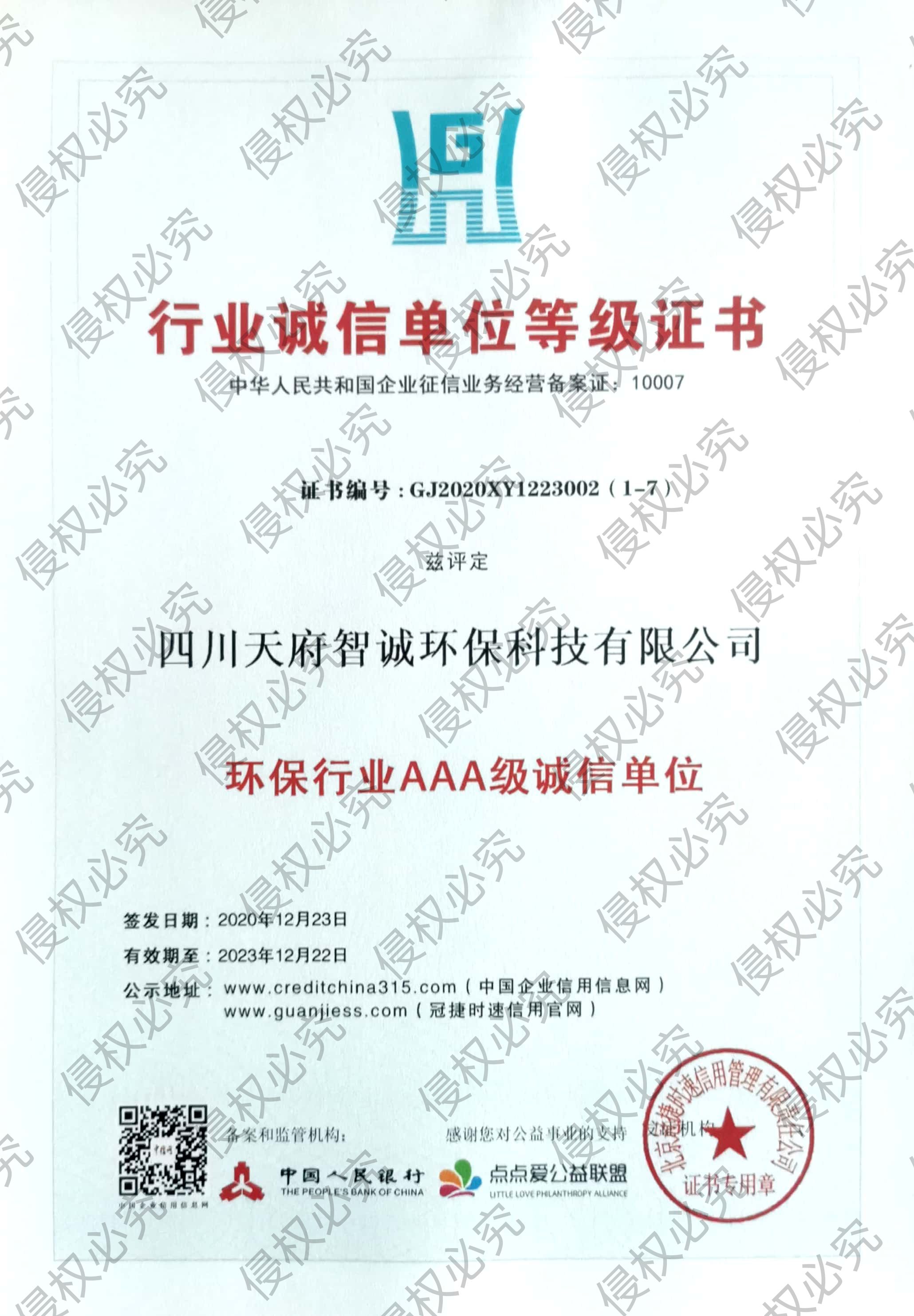 AAA行业诚信单位等级证书