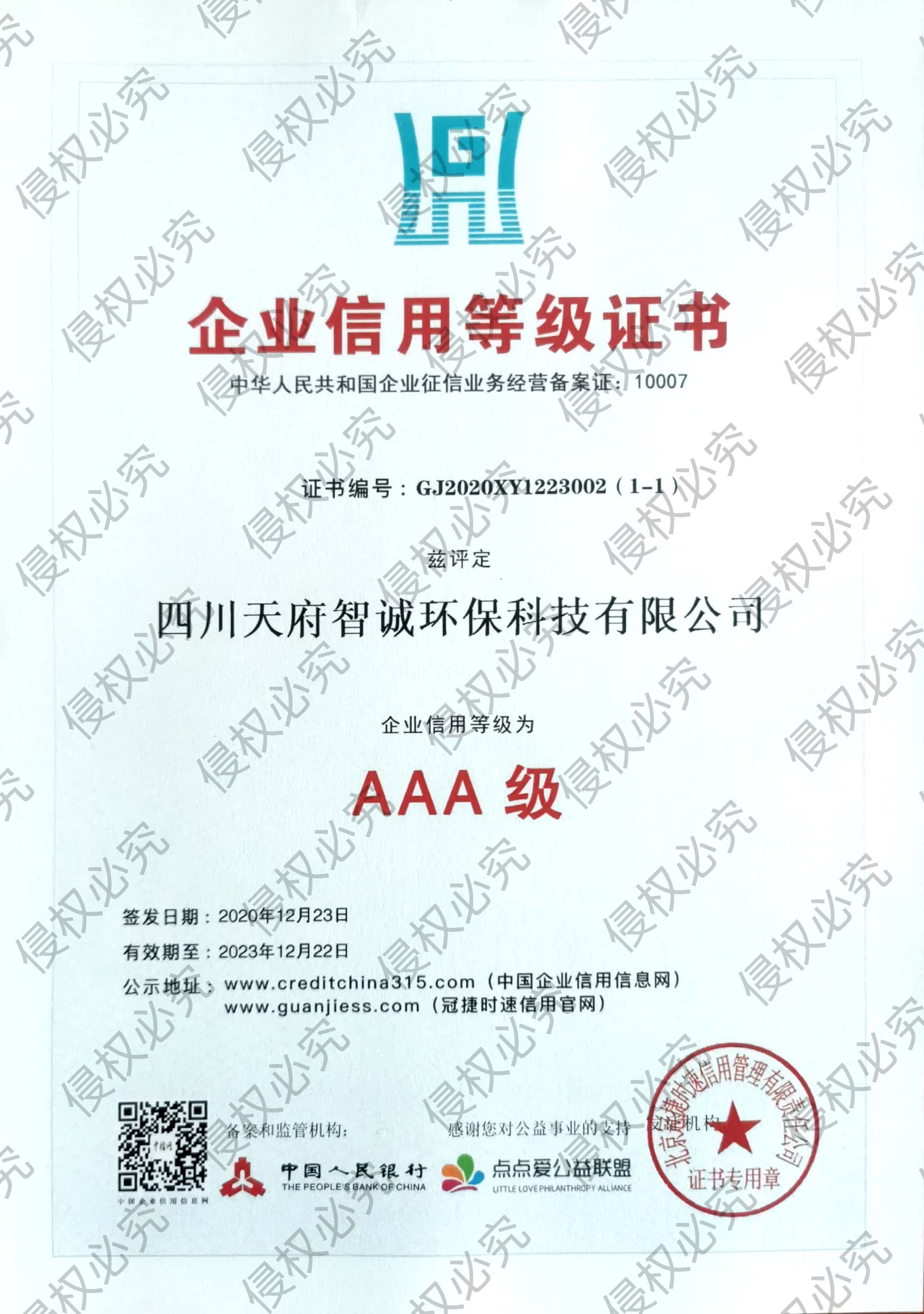 AAA企业信用等级证书